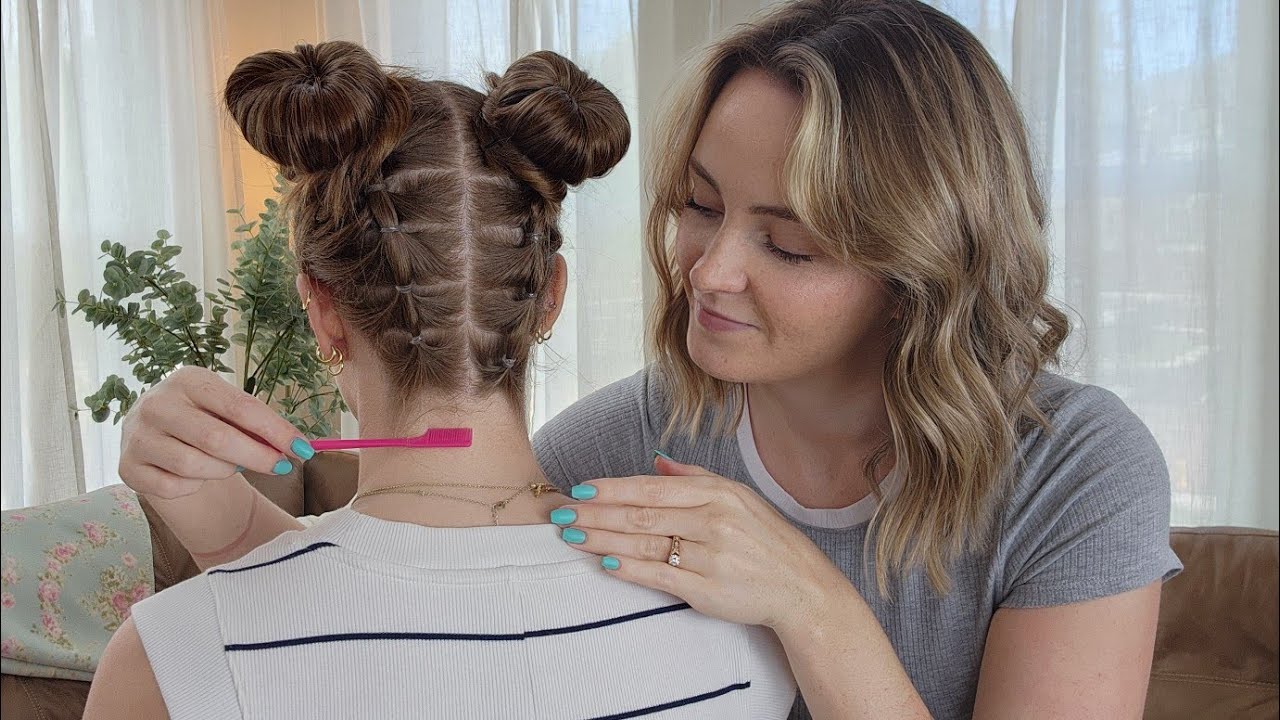 ASMR Perfectionist Bubble braided Twin Space Buns - Elastics, Mini Combing, Finishing Touches