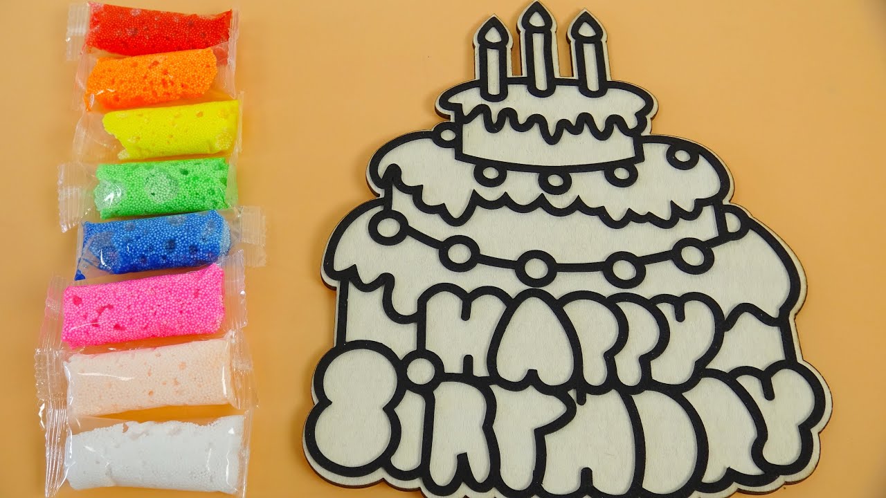 Painting by Hand Birthday Cake with Foam Slime! No Music For #ASMR #Satisfying