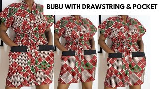 How to Cut & Sew SIMPLE DRESSwith DRAWSTRING, Pocket & Slit| Bubu with Drawstring #kaftan #kimono