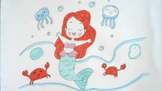 How to Draw a little Mermaid, Drawing and Coloring a Cute Mermaid for kids