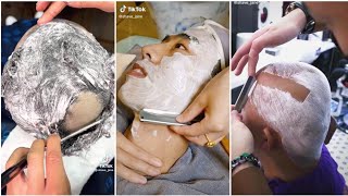 Videos of men going to barbershops and shaving their beards and hair 💇‍♂️