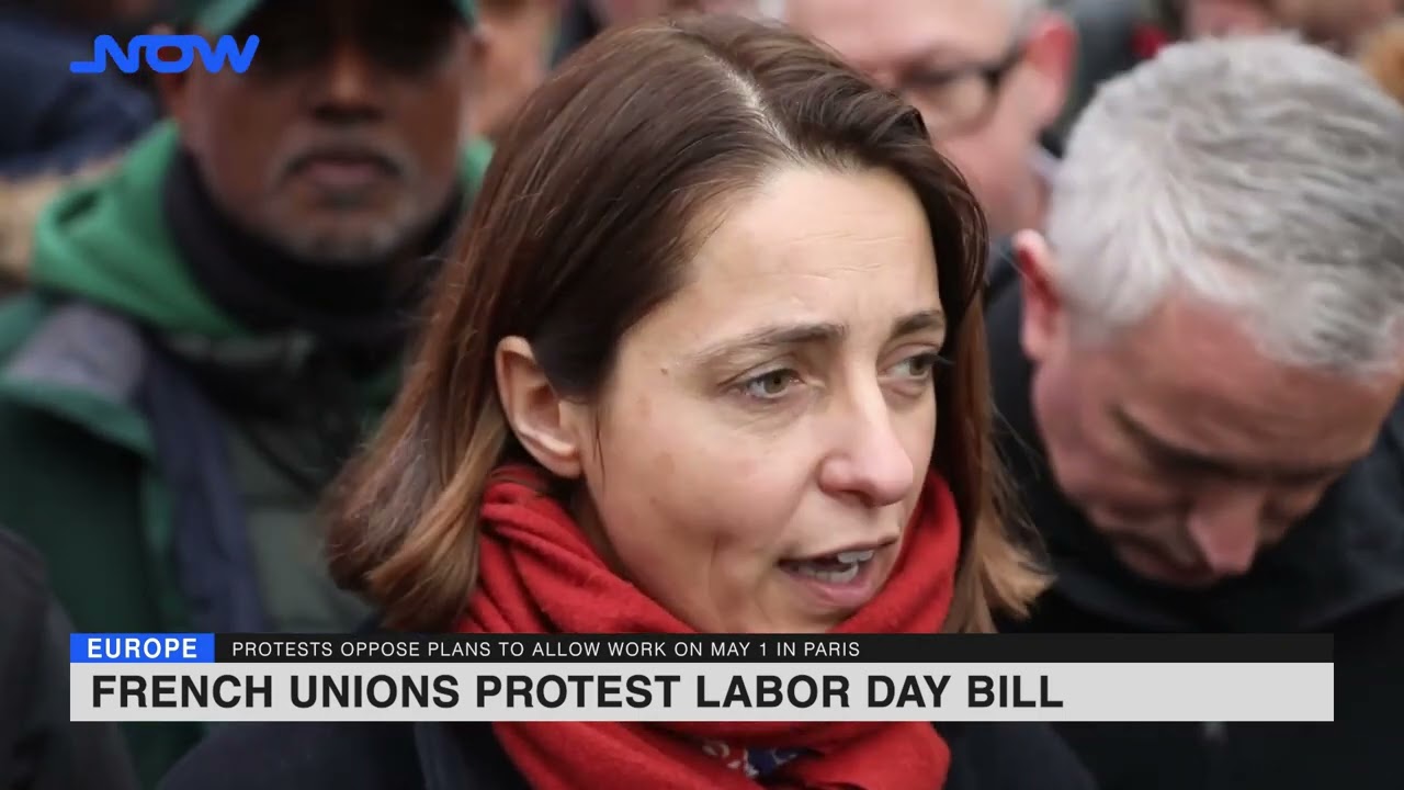French unions protest labor day bill