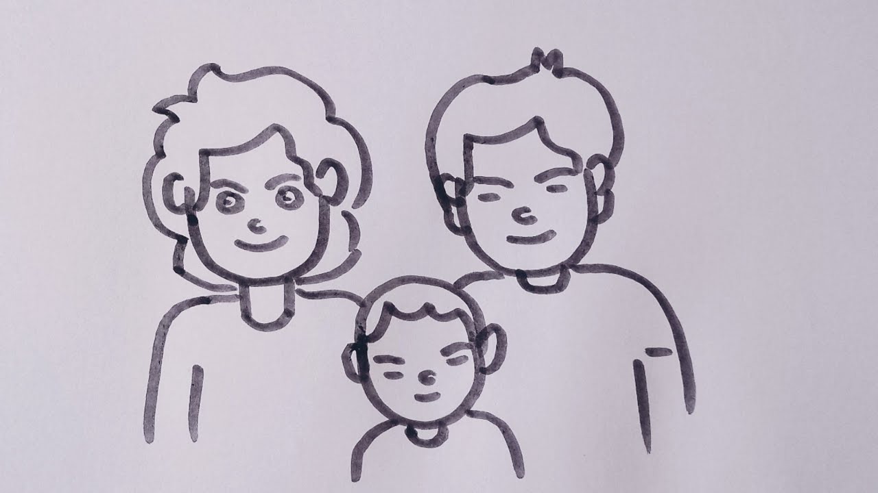 Children's drawing of happy family taking a walk stock photo
