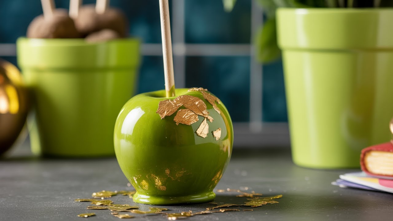 DIY Green Goblin Candy Apples With Gold Leaf Sparkles