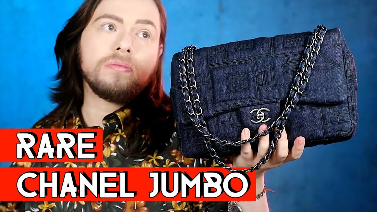 Rare CHANEL Jumbo bag in navy denim with perfume bottle embroidery
