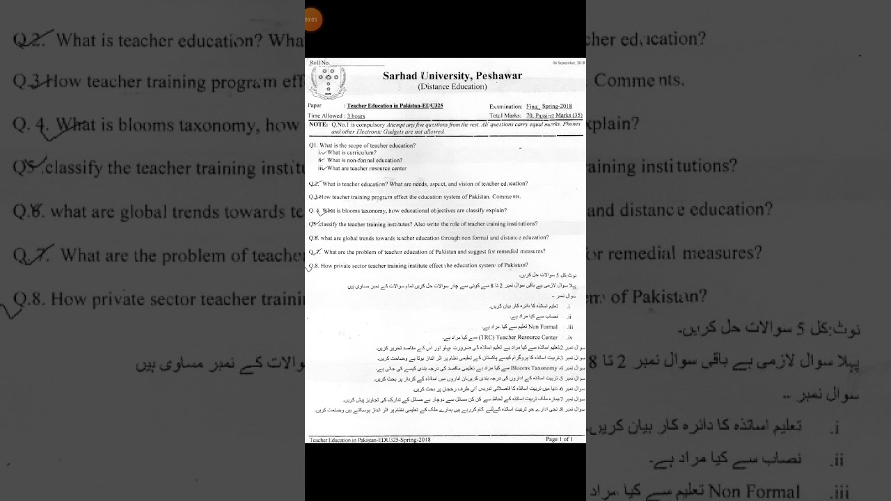Sarhad University Previous Paper | Teacher Education in Pakistan |Code : EDU-325 | Spring-2018