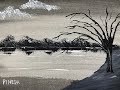 Black and White Tree on a Lake Landscape Acrylic Painting for Beginners