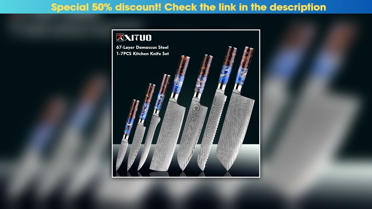 Discount 1-7PCS Damascus Steel Chefs Knives Set Sea Blue Resin Wood Handle Bread,Santoku,Cleaver,Pa