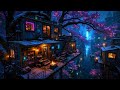 Lofi Ambient – Cozy Snowy Treehouse with Fire Pit Overlooking Neon City | Winter Lofi for Sleep