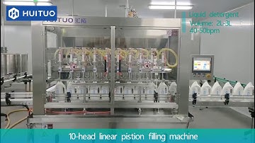Huituo automatic pistion filling machine for liquid detergent and dishwash large volume bottles.