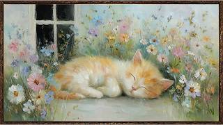 Sleeping Kitten TV Frame Art | Pastel Floral Cat Digital Art for Cozy Cottage Home Decor screenshot 4