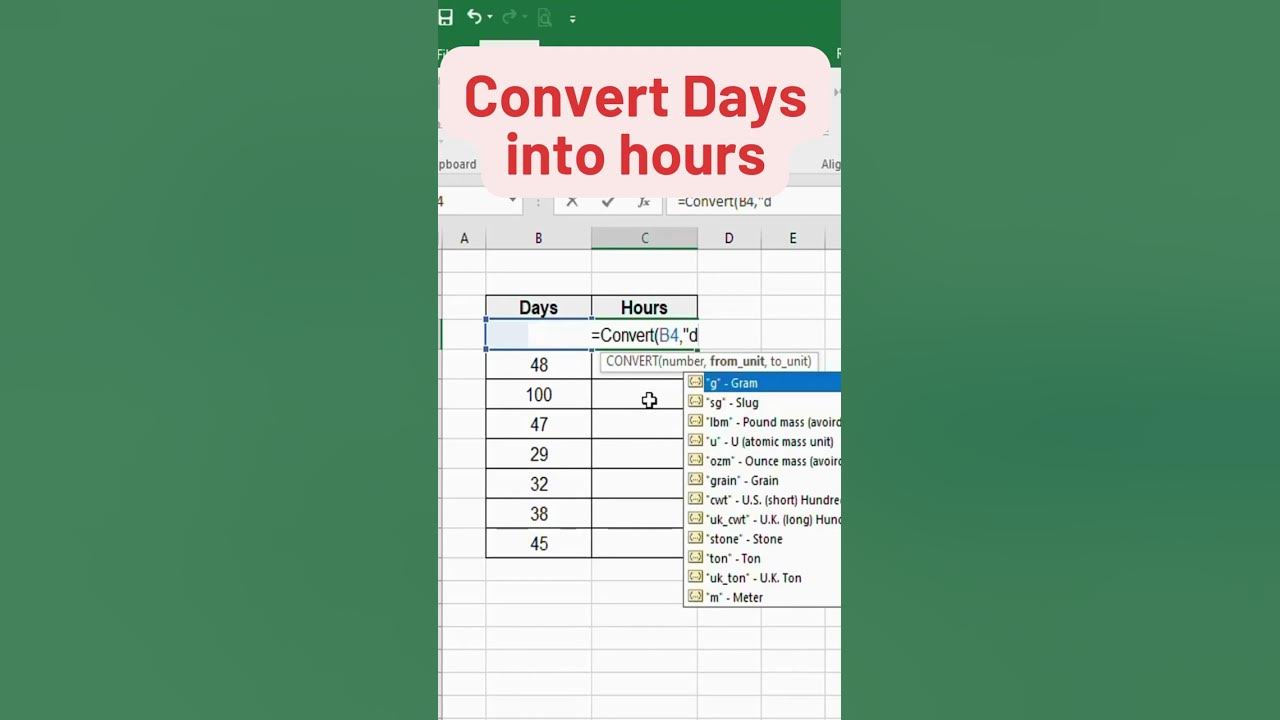 convert-function-in-excel-how-to-convert-days-into-hours-shorts