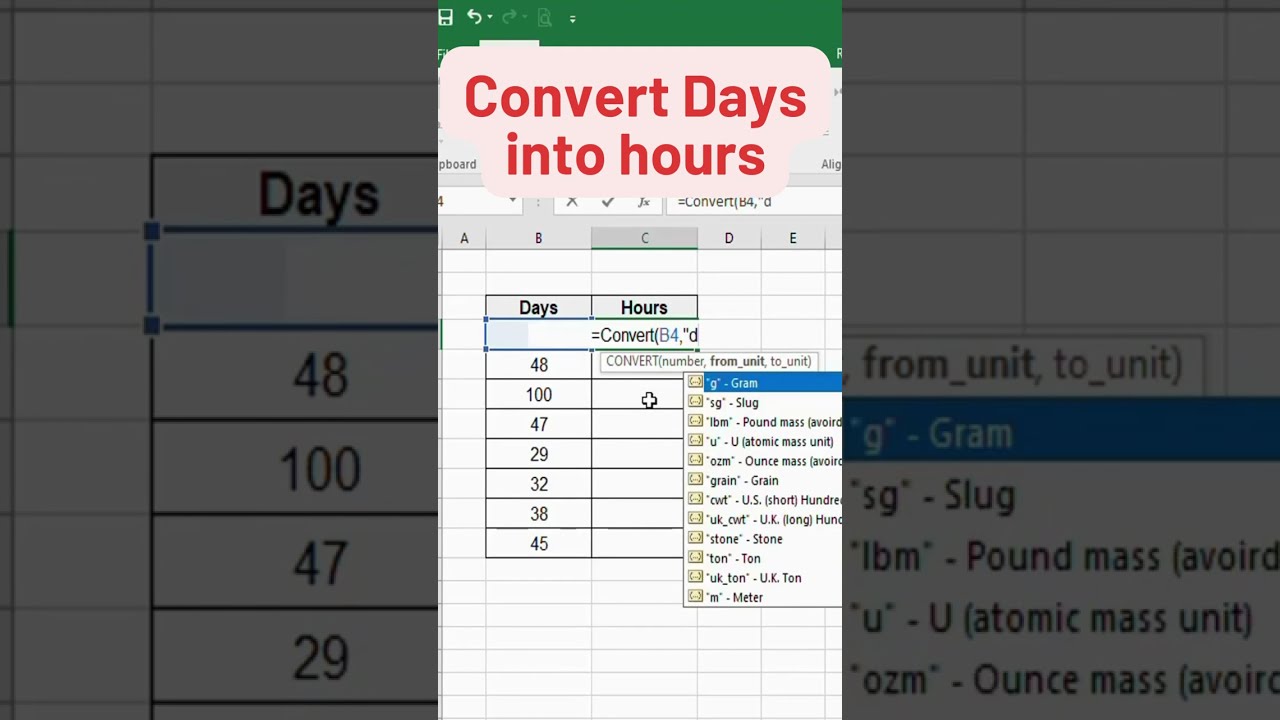 Convert Function In Excel How To Convert Days Into Hours shorts Convert Function In Excel How To Convert Days Into Hours shorts