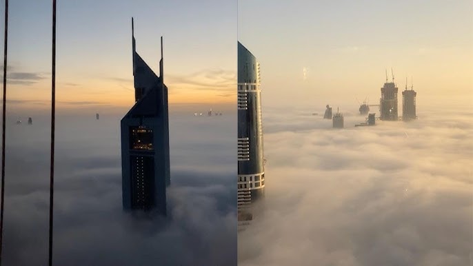 Premium AI Image  Cinematic shot of Burj Khalifa with clouds fog