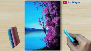 #12 - Oil Pastel Drawing - How to Draw Realistic Riverside Landscape  Nature painting (step by step)