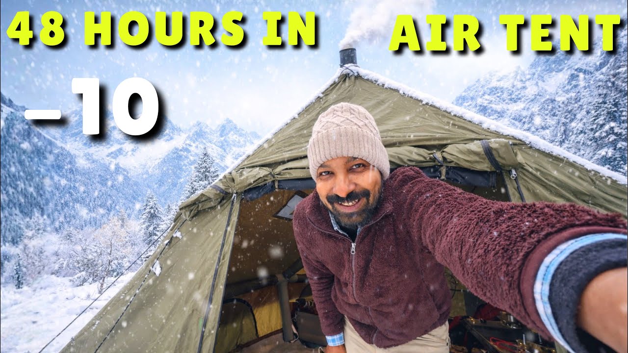 LIVING 48 HOURS IN THIS AIR TENT🏕️ MY FIRST SNOW CAMPING WITH HOT TENT🏕️CAMPING in HEAVY SNOW🌨️