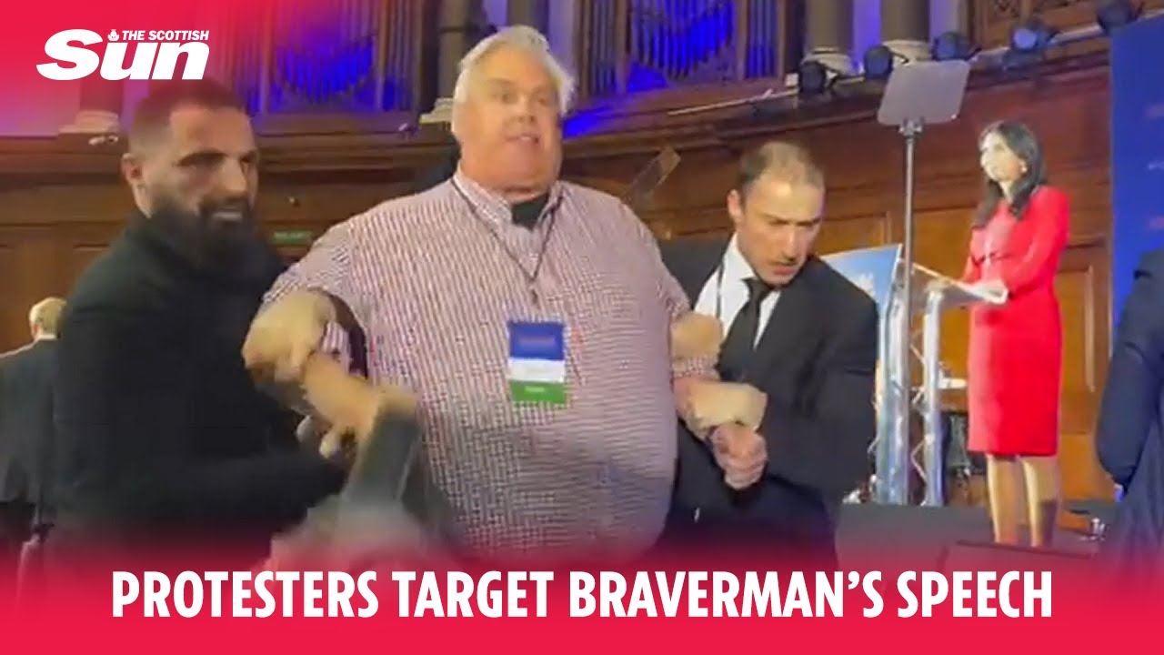 Suella Braverman immigration speech disrupted by protesters
