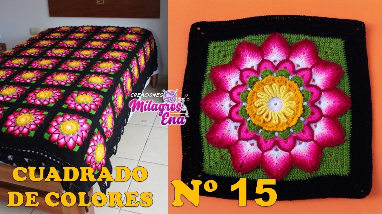 Cuadrado N° 15 de colores tejido a crochet para colchas y cojines: MUESTRA  FLOR OLGUITA - YouTube