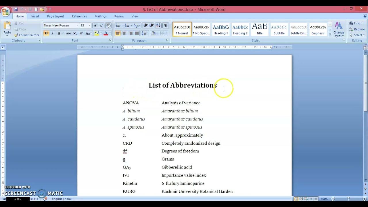 thesis abbreviations page