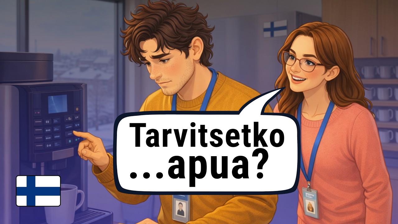 Coffee Break at Finnish Workplace – Easy Finnish Small Talk & Listening Practice (A1–A2, Subtitles)