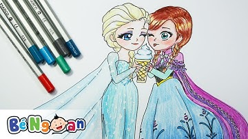 Hướng Dẫn Bé Tập Vẽ Và Tô Màu Elsa và Anna Chibi ~ Drawing Elsa and Anna Chibi