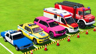 POLICE CARS, AMBULANCE EMERGENCY, FIRE DEPARTMENT TRANSPORTING WITH TRUCKS ! Farming Simulator 22