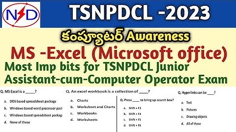 MS-Excel Important Bits for TSNPDCL Junior Assistant Exam l Microsoft office l MS Excel Mcq