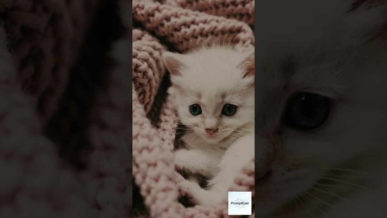 A fluffy white kitten with vibrant blue eyes is nestled cozily in a soft pink knitted blanket. 