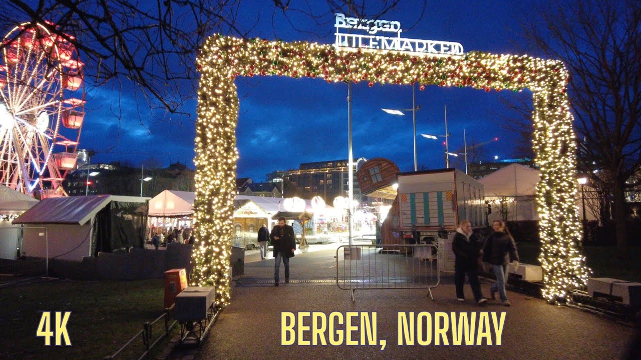 4K Winter Evening in Bergen - Christmas Market Stroll