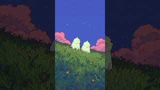 a chibi-style cartoon 2 cozy cats under the night sky, soft grass under them, 1 shooting star, so...