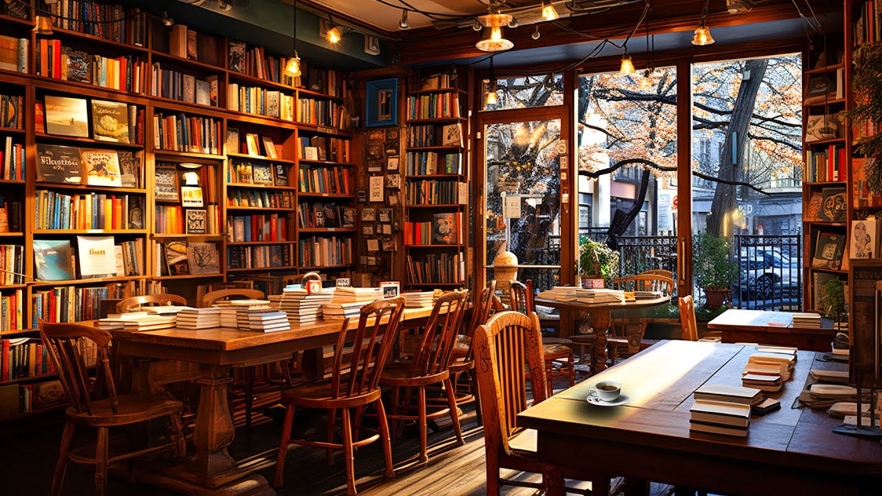 Bookstore Cafe Ambience | Background Relaxing Jazz Music with Rain ...