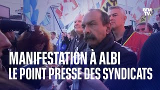 Manifestation contre la réforme des retraites à Albi: le point presse des leaders syndicaux