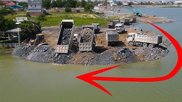 Best Active! Team Dump Truck SHACMAN Delivery Rock Filling In Water With Bulldozer SHANTUI Push Rock