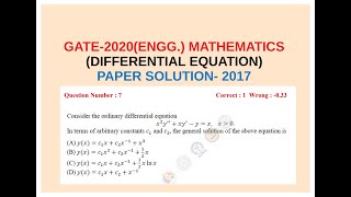 GATE-2020 MATHEMATICS (ENGG.) (DIFFERENTIAL EQUATION) PAPER SOLUTION(2017) | Gate2020 |