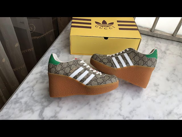 ☆ ADIDAS x GUCCI Wedge Gazelle ‘GG Monogram’ ☆ Adidas X Gucci Gazelle Wedge Beige GG Monogram Review - YouTube
