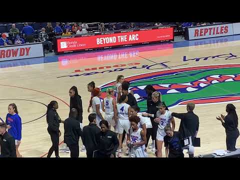 Florida Gators Women Basketball - 2021 Dec Florida Gators women's Basketball Coach Finley huddles Beyond the Arc