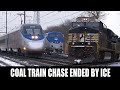 Coal train chase ended by ice  frozen trains  horns on the port road and amtrak nec