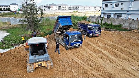 Incredible!! Adding new bulldozer work together to pushing soil in the lake and 5ton truck loading.