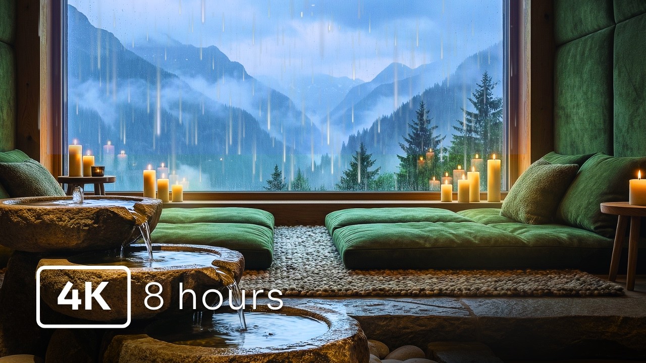 Recharging in a Hidden Alpine Spa 🌿 Indoor Fountain & Rain on Window (8 Hours)