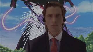 Patrick Bateman walking alone and listen to Evangelion retrowave remix