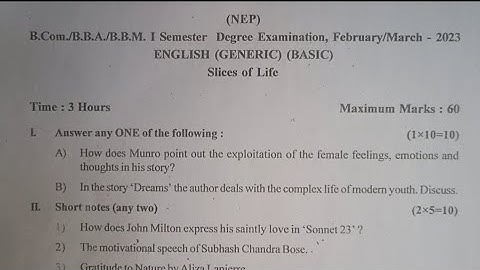 English Basic B.com /B.B.A/B.B.M 1st Semester NEP Question Paper 2023 Karnataka Bijapur University