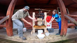 Pressing Our Homemade Apple Cider on Our Rebuilt Cider Press Using Apples from Our Homestead Orchard