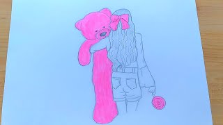 رسم بنات/ رسم فتاة تحمل دب?/How to draw a girl holding a teddy bear