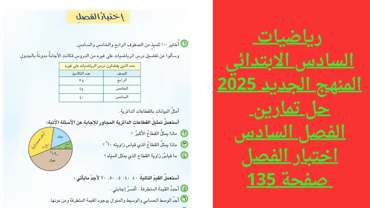 حل تمارين رياضيات السادس الابتدائي الفصل السادس اختبار الفصل  صفحة 135  المنهج الجديد 2025