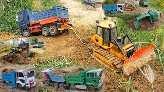 AMAZING Stuck RC Truck Hino 700 Helped by BullDozer Komatsu D65PX and Excavator Cat 336D