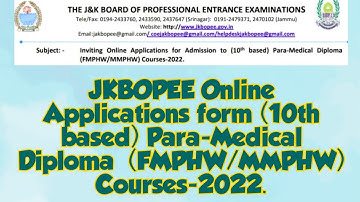 JKBOPEE Online Applications form (10th based) Para-Medical Diploma  (FMPHW/MMPHW) Courses-2022.