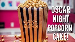 How To Make a POPCORN BOX CAKE for OSCAR NIGHT! Vanilla & Chocolate Cake with Gold Caramel Popcorn!