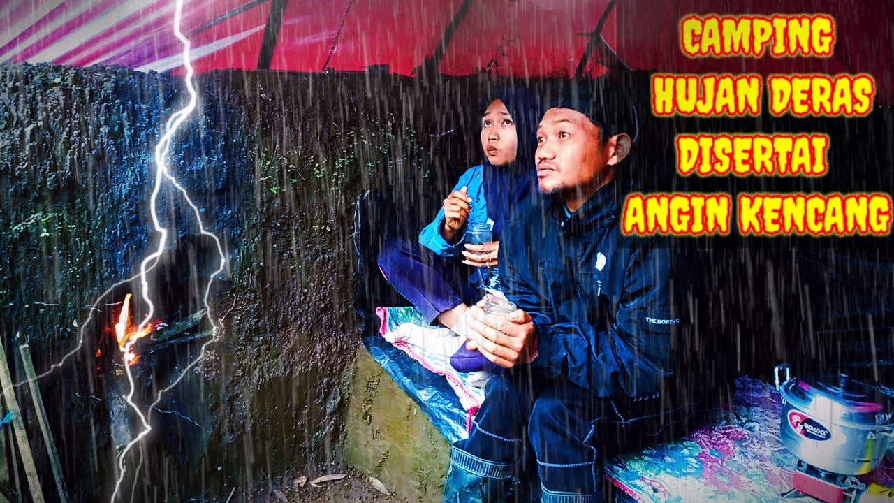 CAMPING HUJAN DERAS DISERTAI ANGIN KENCANG-SIANG MALAM-BERTAHAN DI CABIN TANAH-ASMR RAIN