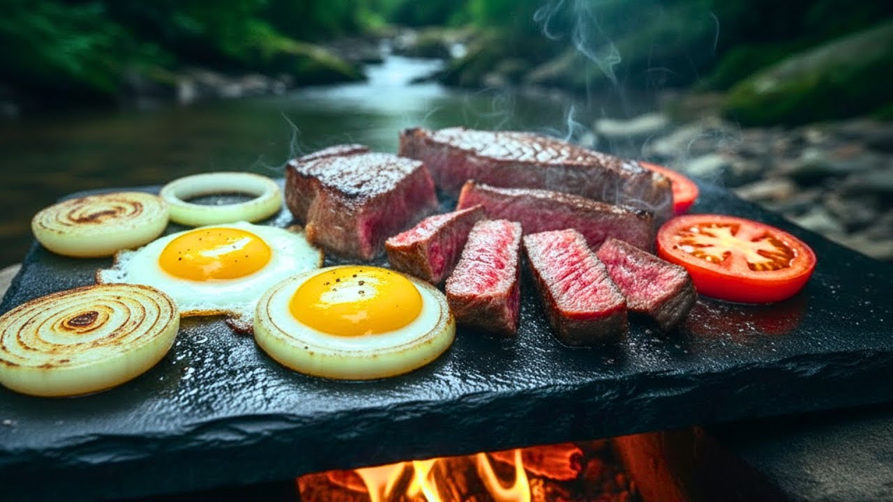 Экстремальная дикая кухня — сочный стейк и яйца на раскаленном камне