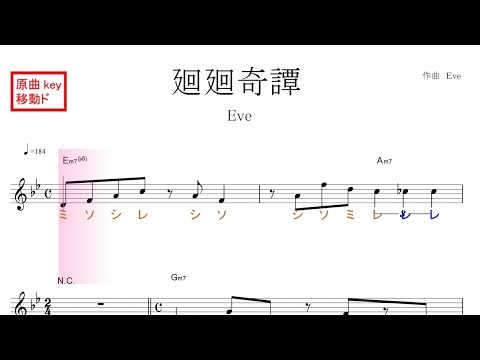 廻廻奇譚　かいかいきたん（Ｅｖｅ）アニメ「呪術廻戦」原曲key 移動ド読み／ドレミで歌う楽譜【コード付き】